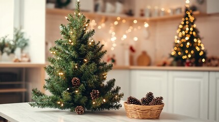 Festive Christmas tree with pine cones on kitchen table.