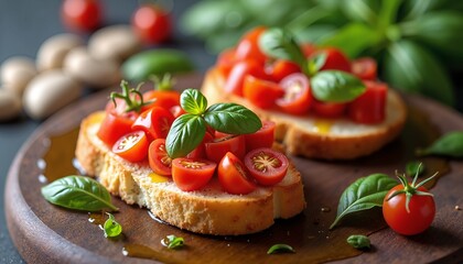 Fresh bruschetta with cherry tomatoes and basil on wooden board, perfect for food blogs