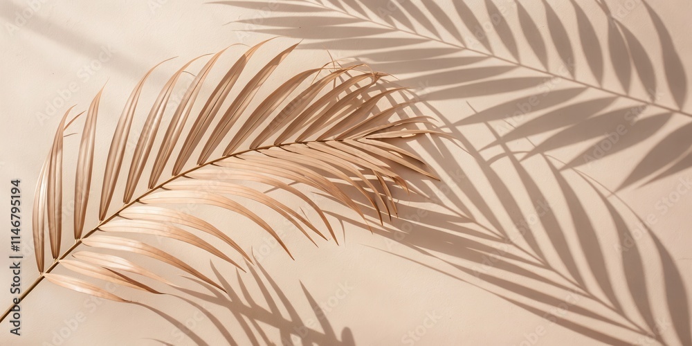 Aufkleber a single palm leaf casts a long shadow on a beige background, creating a subtle and elegant pattern 