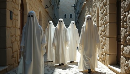 Mysterious figures cloaked in white walking through stone alley, atmospheric Halloween poster
