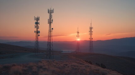 Sunrise over three telecommunication towers on a mountain.