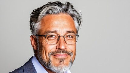 Obraz premium Portrait of a smiling middle-aged man with graying hair and glasses.