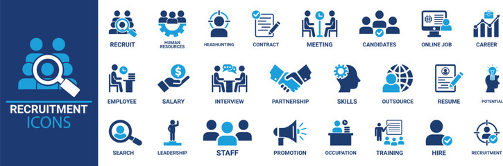 Recruitment icon set. Headhunting, career, resume, job hiring, candidate and human resource icons. Solid icon collection.
