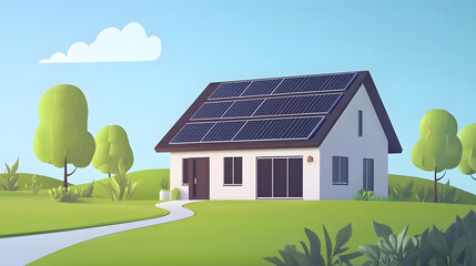Naklejka premium Eco-Friendly House with Solar Panels: Sustainable Living in a Serene Landscape