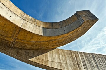 Fototapeta premium A close-up view of a curved concrete structure against a blue sky.