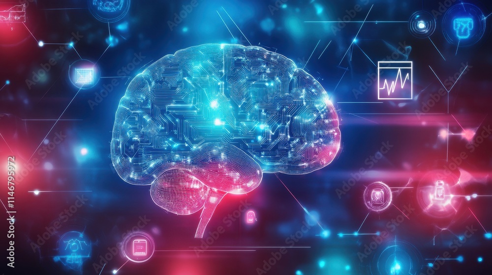 Poster futuristic digital brain with circuitry and data connections
