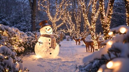 Fototapeta premium Snowman Surrounded by Twinkling Holiday Lights in a Winter Wonderland Scene