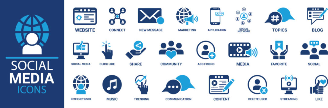 Social Media icon set. Online community, media, website, blog, content, business marketing and social network icons. Solid icon collection.