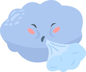 Cartoon cloud is blowing cold wind with its mouth, creating a gust of air, ideal for representing weather, meteorology, winter, or a funny character