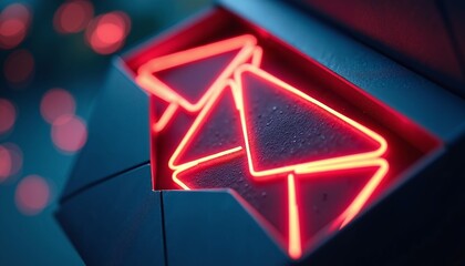 Naklejka premium Neon red triangles with modern abstract design, perfect for tech-themed wallpapers