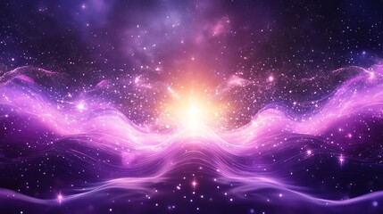 Obraz premium A captivating scene of purple light waves rippling through a digital expanse, adorned with glowing particles and shimmering stars, evoking a sense of cosmic wonder and innovation
