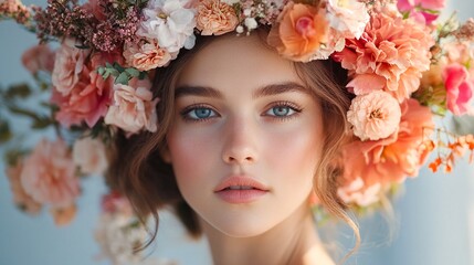 Obraz premium portrait of a young woman with blue eyes and brown hair wearing a pink flower crown.
