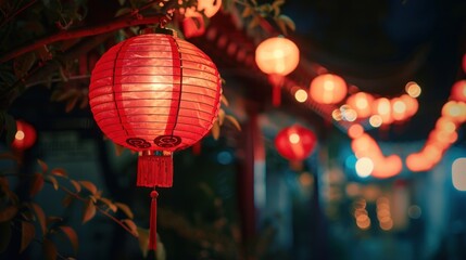 Obraz premium Illuminated Night: Red Lanterns Glowing in the Dark