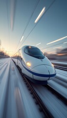 Obraz premium A sleek, white high-speed train glides effortlessly along snowy tracks, creating a stunning visual of motion and speed. The image captures the essence of modern transportation, showcasing the trains