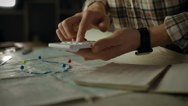 A person uses a calculator in a warm, inviting workspace filled with maps and notebooks. The dim light enhances a focused atmosphere, suggesting careful planning or analysis