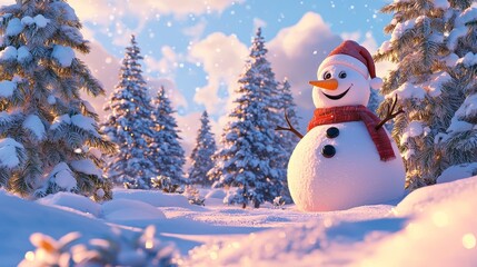Obraz premium Cheerful Snowman Surrounded by Frosty Pine Trees in a Winter Wonderland Scene with Soft Snowflakes Falling