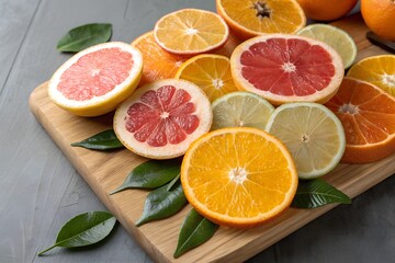 Fresh Assortment of Colorful Citrus Slices With Juicy Grapefruits Oranges and Leaves