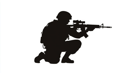A black silhouette of an soldier kneeling and aiming a rifle, against a white background
