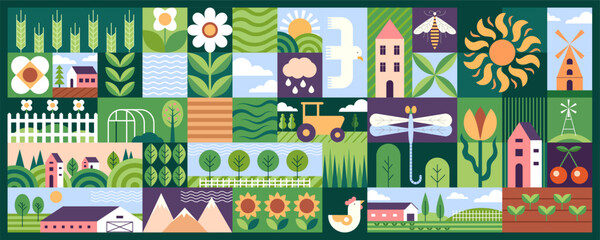 Nature farm pattern. Garden abstract, poster countryside. Tree, butterfly, flower and barn house, earth field picnic, green grass and leaf. Spring village. Horizontal banner vector geometry background © Natalia