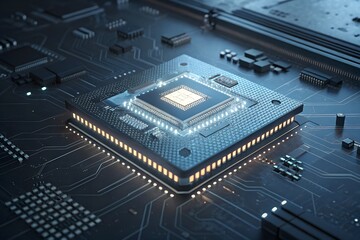 Hightech illuminated semiconductor on intricate motherboard for data processing