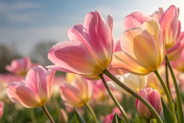 Naklejka premium macro Vibrant Pink and Yellow Tulips in Full Bloom on a Sunny Spring Day