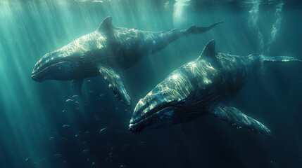 Fototapeta premium Two humpback whales swimming in sunlit ocean water.