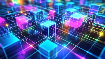 Obraz premium A dynamic metaverse-inspired scene showcasing a network of luminous cubes and blocks, interconnected by shimmering tech lines, representing advanced digital architecture and innovation