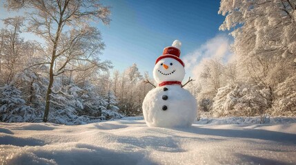 Obraz premium Snowman in a Winter Wonderland Among Snowy Trees Under Blue Sky