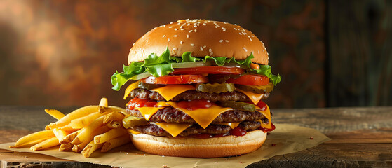 A festive food advertisement featuring a double cheeseburger with layers of fresh lettuce, juicy tomatoes, pickles, and melted cheddar cheese, sitting atop a rustic wooden table.