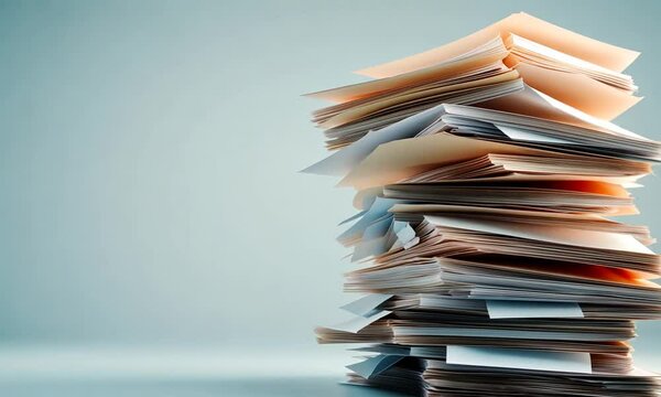 A tall stack of assorted papers and sticky notes against a light background.