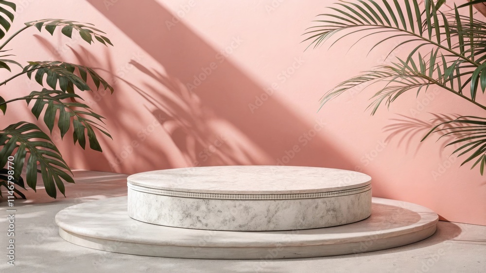 Poster A minimal display of a circular marble platform on a concrete base, with a pink background and leafy green foliage framing the scene.