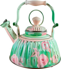 Green and pink tea kettle with a floral design
