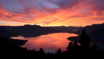 Fototapeta premium Fiery Sunset Hues Reflecting on Serene Mountain Lake at Dusk