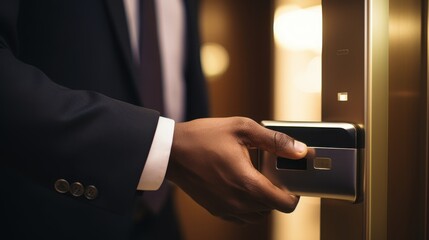 Experiencing Luxury: Guest Using Keycard at Electronic Door Lock in Elegant Hotel Hallway