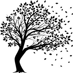 Blooming Tree Silhouette with Falling Petals in Black and White