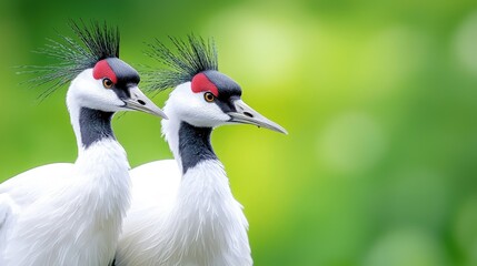 Fototapeta premium Two elegant cranes with distinctive black crests and red crowns stand close together against a soft green blurred background.