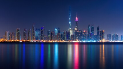 Obraz premium Night cityscape skyline reflected in water.