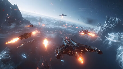 Naklejka premium Epic Space Battle: Fierce Combat Over Icy Planet