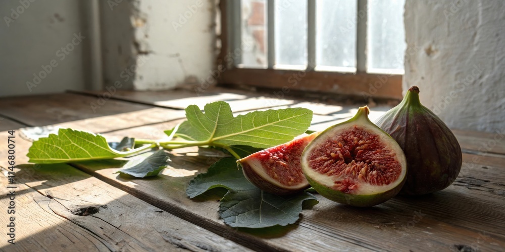 Poster a rustic wooden table with figs and their leaves, bathed in natural light streaming through a window