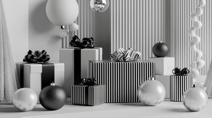 A sophisticated arrangement of 3D-rendered Christmas gifts wrapped in monochrome styles with geometric shapes, placed on a polished modern surface, surrounded by minimal holiday decor for a clean look
