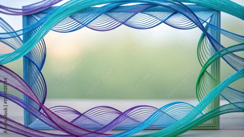 Poster abstract curved ribbons with a square frame against a blurred green background