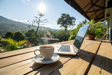 Fototapeta premium Laptop and Coffee Cup on Wooden Table in Sunlit Outdoor Workspace