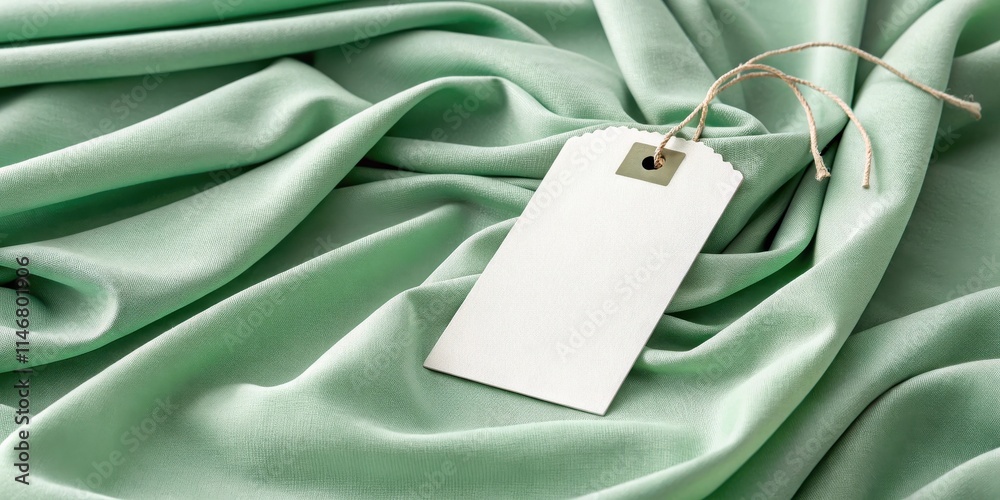 Aufkleber blank white tag on soft green fabric with rustic twine