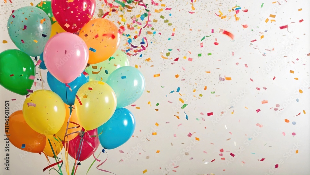 Poster a cluster of colorful balloons floats against a white background, surrounded by a flurry of confetti