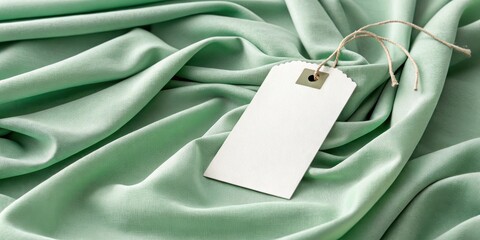 Blank White Tag on Soft Green Fabric with Rustic Twine