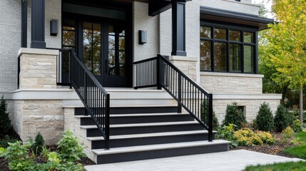 Obraz premium Modern home exterior with black metal railing and stone steps.
