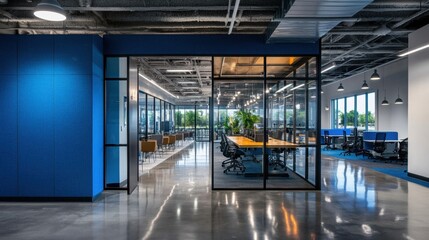 Modern Open Office Space with Glass Walls and Bright Lighting