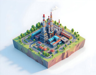 Low Poly Industrial Power Plant Complex on Floating Island