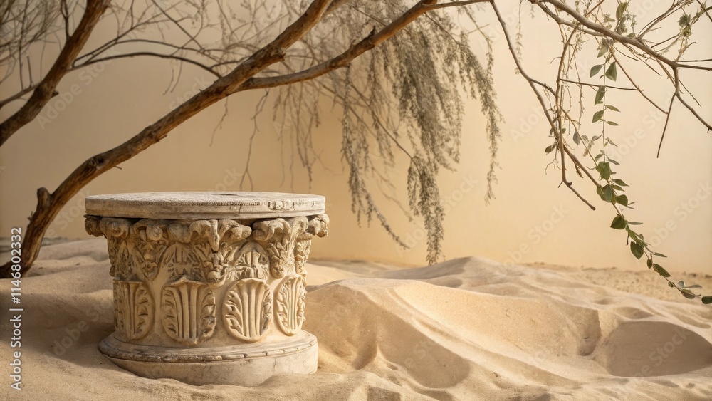 Poster a sculptural stone pedestal rests in soft sand, partially hidden by a branch of a weeping tree