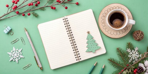 A festive and cozy workspace with an open notebook, a cup of coffee, a pen, and delicate winter decorations.